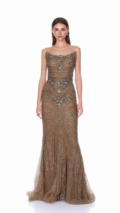Robe de soirée beige brodée à motifs baroques